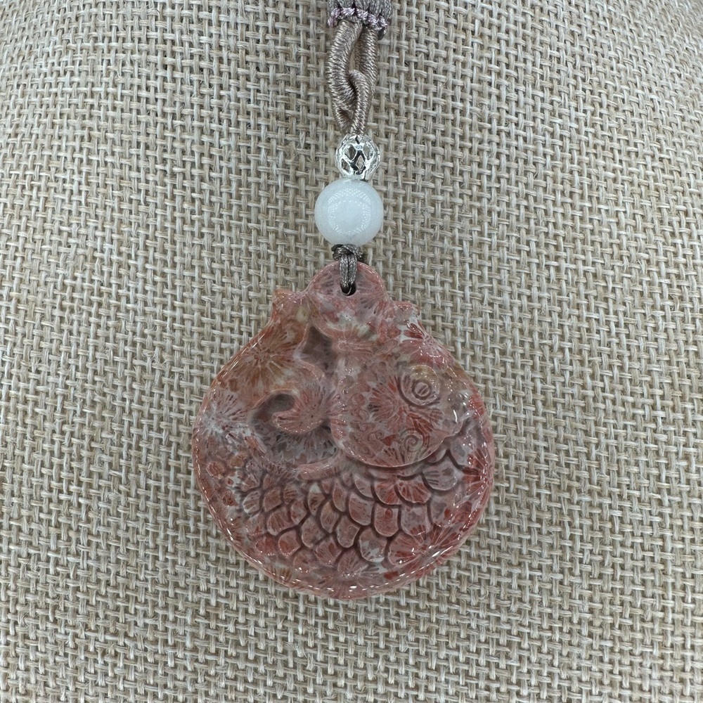 Pink Coral Fossil Koi Fish Pendant Necklace with Jade Accent on Rope